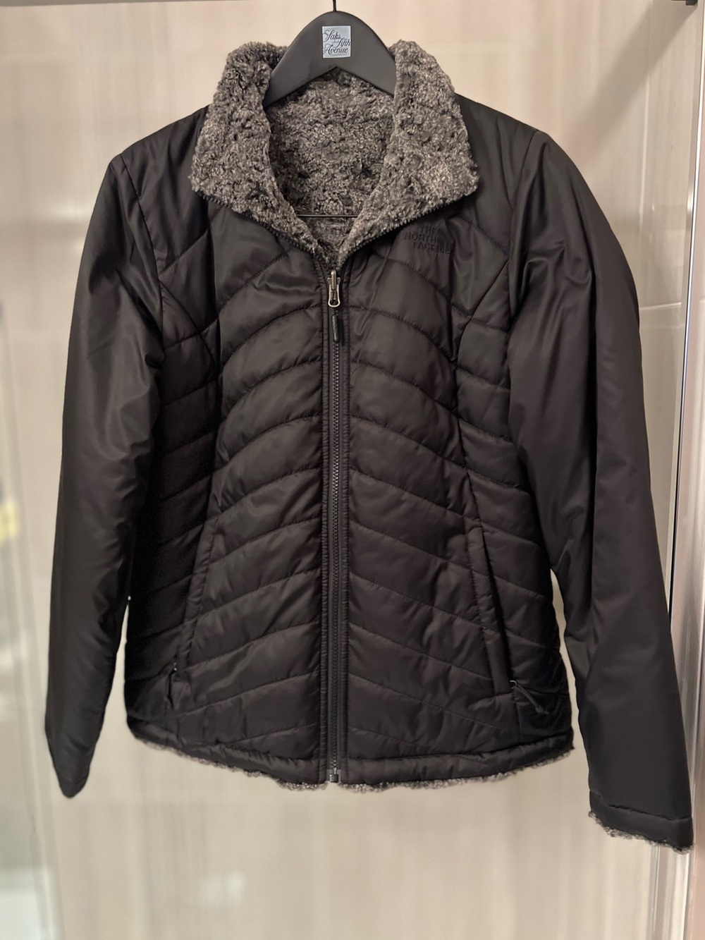 The North Face Reversible Mossbud Swirl Quilted Fleece Jacket Black Grey